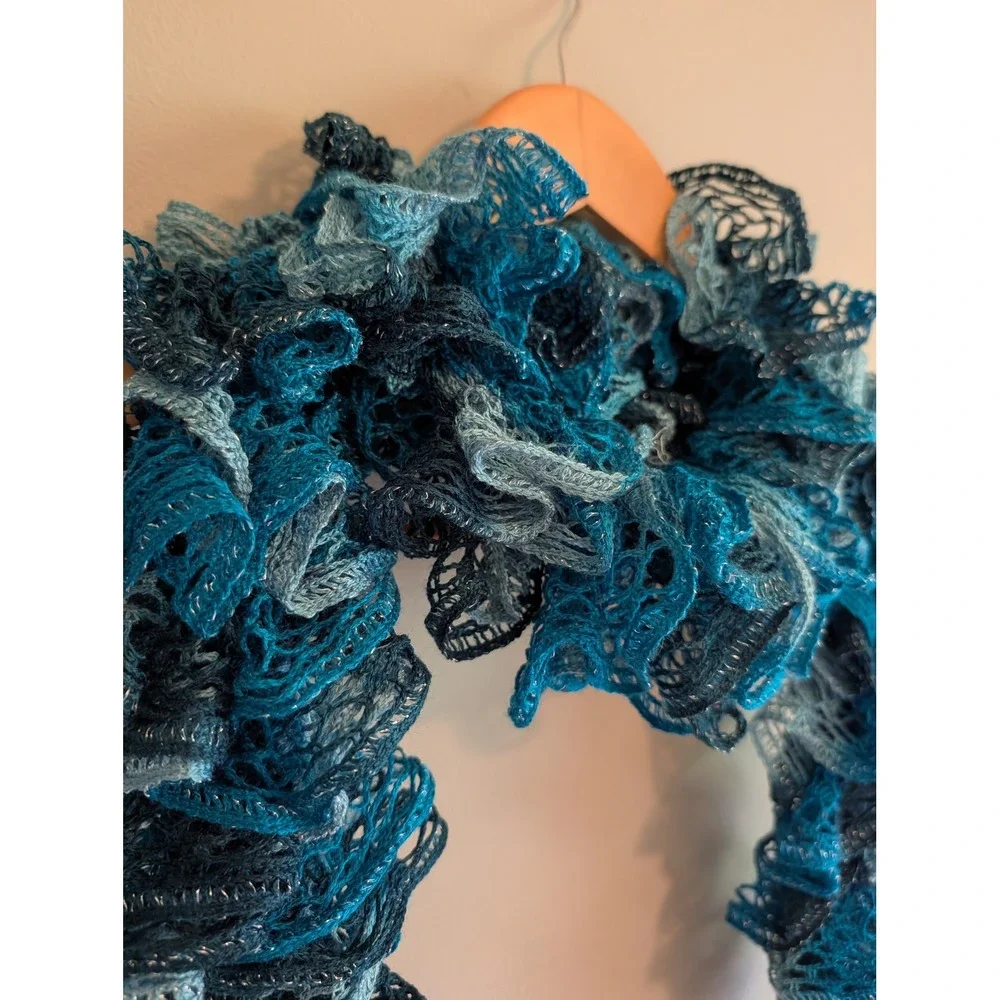Vintage Y2K Blue Ombre Ruffle Scarf Metallic Silver Shimmer Mesh Knit Sash